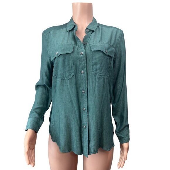 Eddie Bauer Women Petite PM Button Up Shirt Top Green Shaped Fit Business Casual - Picture 2 of 11